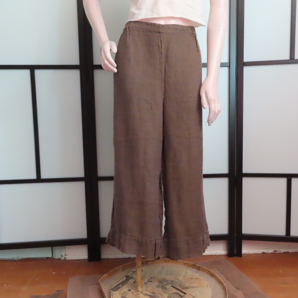 Flax Textured Linen Pants M Loose Fit Wide Leg Hem Ruffle